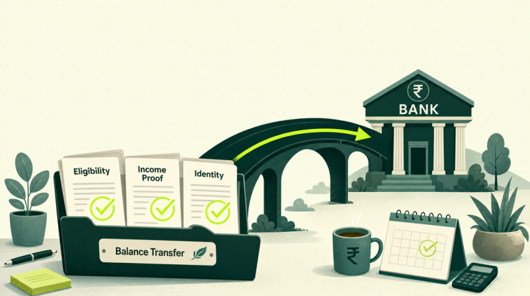 Personal loan balance transfer eligibility checklist showing CIBIL score, income requirements, documents, FOIR, and loan transfer criteria in India.