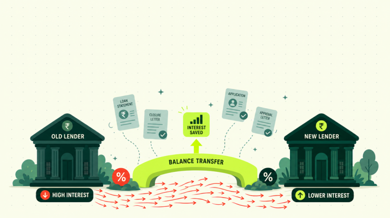 Personal loan balance transfer in India showing lower EMI, interest savings, refinancing process, eligibility, and balance transfer comparison.