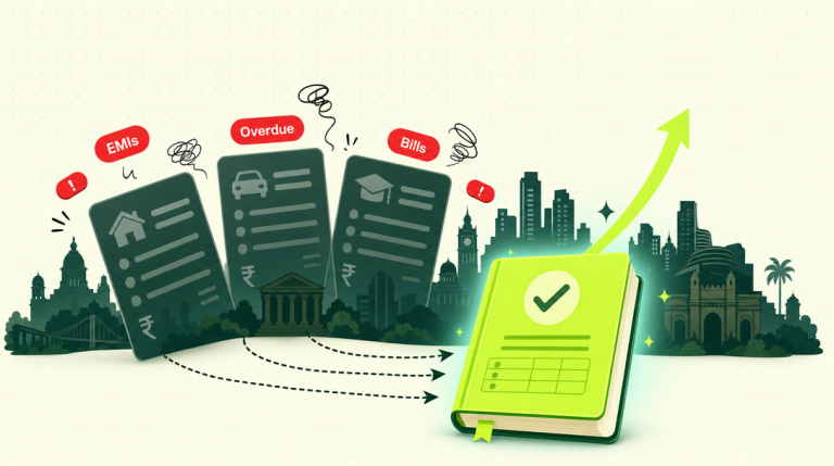 Illustration explaining loan consolidation in India by combining multiple loans and credit card debts into one affordable EMI