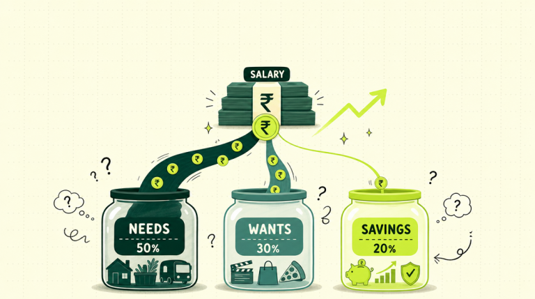 50-30-20 budget rule showing salary split into needs, wants, and savings