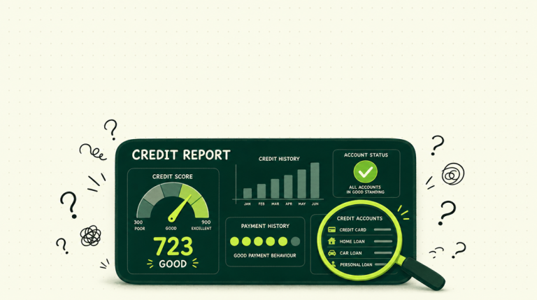 Credit report sections showing accounts, payment history, utilization and enquiries
